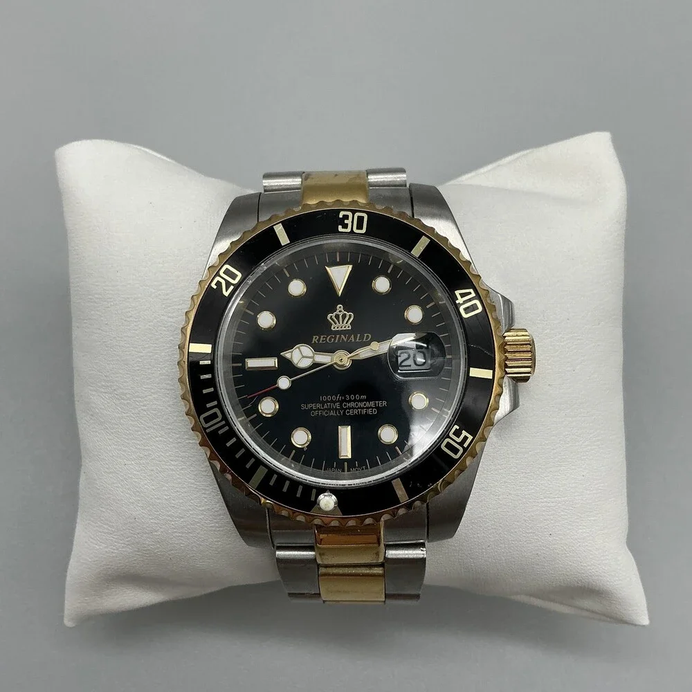 Reginald Mens Watch 42mm Black Dial Two Tone Diver Date New Battery 7.25